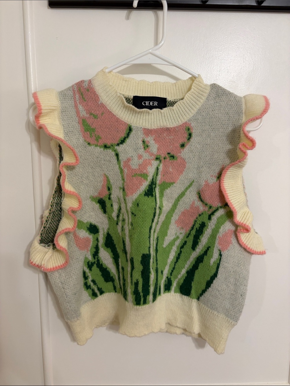 Cider Cream Floral Knit Sweater Vest with Pink & Green Accents